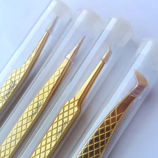 Private Label Gold Eyelash Tweezers Diamond Gripped Eyebrow Plucking Tweezers Tube Packaging