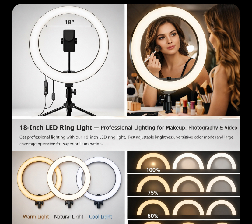 18-Inch LED Ring Light – Professional Lighting for Makeup, Photography & Video