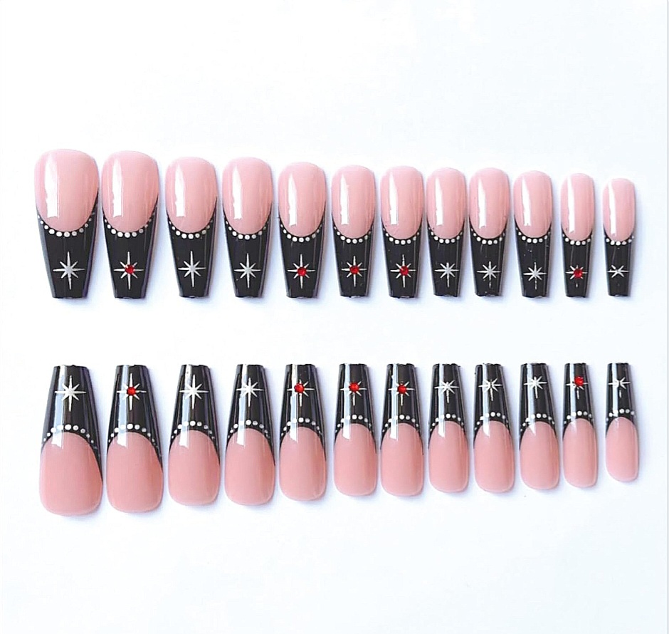 SINHOT Medium Coffin Nails, 24 Pieces (Set of 12) with glue, glossy, red and black, stars with rhinestones, acrylic nails